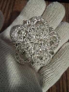 Crystal-Embellished Silver Floral Brooch - Women Jewelry